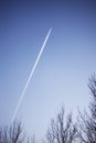 Jet airplane contrail above leafless trees against a clear blue sky background with copyspace. View of a distant