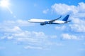 Jet Airplane flying through the blue sky on a sunny day Royalty Free Stock Photo