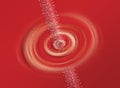 Binary information jet of numbers 1 and 0 in white color crossing a round cloud with waves on a red background