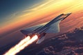 A jet cuts through the sky as a rocket propels from its tail, creating a trail of exhaust, A next-gen supersonic fighter aircraft Royalty Free Stock Photo