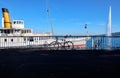 The Jet d`Eau fountain and a pleasure ship in Geneva, Switzerland