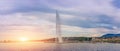 The Jet d`Eau foutain, View on famous big fountain on geneva lake leman Jet d`eau at sunrise sunset, Switzerland Royalty Free Stock Photo
