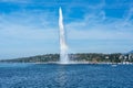 The Jet d\'Eau landmark large fountain with rainbow in Geneva, Switzerland Royalty Free Stock Photo