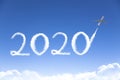 Jet drawing 2020 cloud in sky. happy new year 2020 concepts