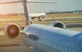 jet engine against a plane at the airport on loading Royalty Free Stock Photo