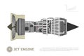 Jet engine of aircraft. Part of the airplane. Side view. Aerospase industrial drawing