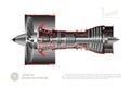 Jet engine of airplane. Industrial aerospase blueprint. 3d drawing of plane motor. Part of aircraft. Side view Royalty Free Stock Photo