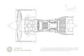 Jet engine of airplane in outline style. Industrial aerospase blueprint. Drawing of plane motor. Part of aircraft