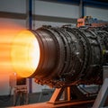 Jet engine firing in a testing facility emitting a bright orange flame Royalty Free Stock Photo