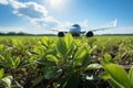 Jet engine with green leaf symbol. eco-friendly renewable fuel in modern aviation