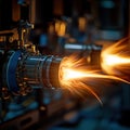 Jet Engine Nozzle Emitting Flames in Dark Industrial Setting Royalty Free Stock Photo