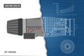 Jet engine in a outline style. Industrial vector blueprint. Part of the aircraft. Side view