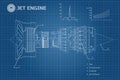 Jet engine in a outline style. Industrial vector blueprint. Part of the aircraft. Side view. Vector illustration