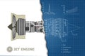 Jet engine in a outline style. Industrial vector blueprint. Part of the aircraft. Side view. Vector illustration