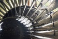 Jet engine turbine blades. Turbo-jet engine of the plane on close up