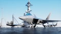 Jet f22, fighter on aircraft carrier in sea, ocean . War and weapon concept. 3d rendering. Royalty Free Stock Photo