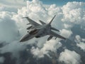 Jet fighter aircraft soars dynamically through towering clouds Royalty Free Stock Photo