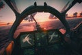 Jet fighter cockpit at sunset. Military aviation. Created with Generative AI