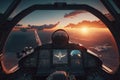 Jet fighter cockpit at sunset. Military aviation. Created with Generative AI