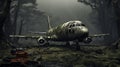 Zombiecore: Detailed Illustration Of A Dingy Jet Plane In A Rain-filled Forest