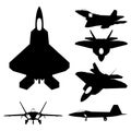 Jet Fighter F-22 Raptor aircraft icon. Airplane Silhouette Icon Set Black Color Royalty Free Stock Photo