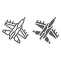 Jet fighter line and glyph icon, air and army, airplane sign, vector graphics, a linear pattern on a white background.