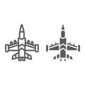 Jet fighter line and glyph icon, army and force, military airplane sign, vector graphics, a linear pattern on a white