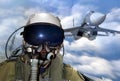 Jet fighter pilot maneuver during training exercise