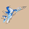 Jet fighter Sukhoi Su-27 vector illustration.Fighter aircraft flying in the sky line drawing in modern minmal art style