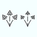 Jet fighters line and glyph icon. Three army planes vector illustration isolated on white. Airplanes in sky outline