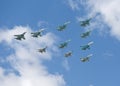 Jet fighters make show at last rehearsal of the parade in Red Square on May 7, 2015 in Moscow Royalty Free Stock Photo