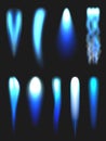 Jet flames. Blue blasting fire aviation fueling futuristic rocket engine flame decent vector realistic templates
