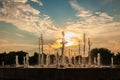 Jet fountain On the Sunset. Embankment Arrow in Yaroslavl, Russia