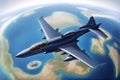 A jet going around the world map, isolated in blue background