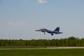 Jet MiG-29 air group aerobatics `Strizhi` comes to landing