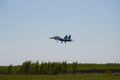 Jet MiG-29 air group aerobatics `Strizhi` comes to landing