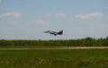 Jet MiG-29 air group aerobatics `Strizhi` comes to landing