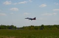 Jet MiG-29 air group aerobatics `Strizhi` comes to landing