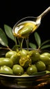 A jet of olive oil amidst an elegant olive branch and a spoon