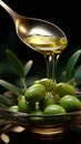 A jet of olive oil amidst an elegant olive branch and a spoon