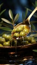 A jet of olive oil amidst an elegant olive branch and a spoon