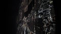 Jet plane flies over Los Angeles LAX airport at night time. Porthole view . Slow motion