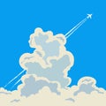 Jet plane flying in the sky among big cumulus clouds, leaving vapor trails behind in flight Royalty Free Stock Photo