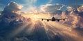 Jet Plane Soaring Through Sunlit Clouds Epic Aerial Vista Royalty Free Stock Photo