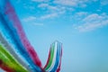 Jet planes leaving colorful trails on the sky during an airshow Royalty Free Stock Photo