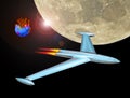 Jet rocket flight into space leaving burning earth Royalty Free Stock Photo