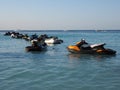 Jet skis at bay of Caribbean Sea in Cancun city in Mexico at evening