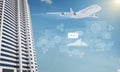 Jet with skyscraper and icons Royalty Free Stock Photo