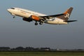 Jet Time taking off from on Schiphol Airport, AMS, close-up view