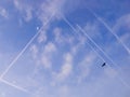 Jet Tracks Of Moving Aircraft, Together With The Moon And A Bird In The Blue Sky